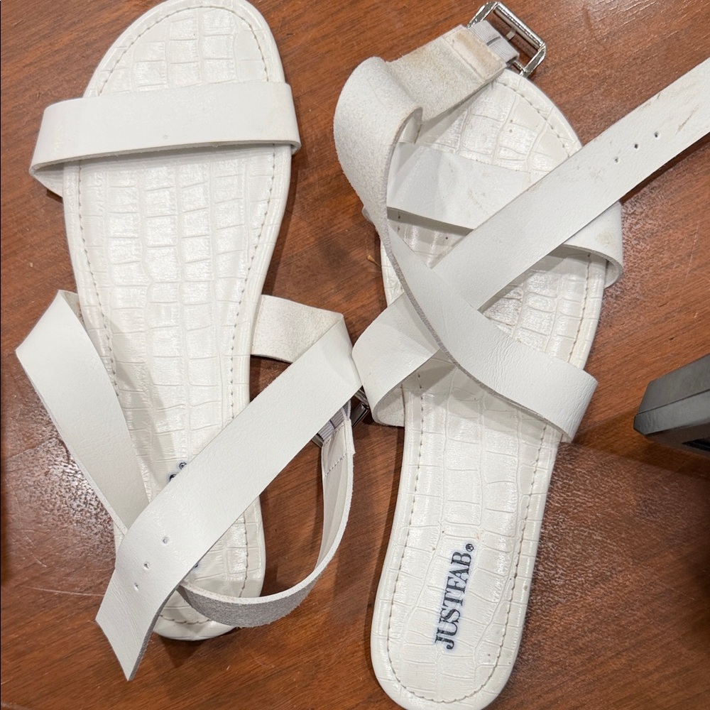 JustFab Cream Croc-Embossed Strappy Sandals